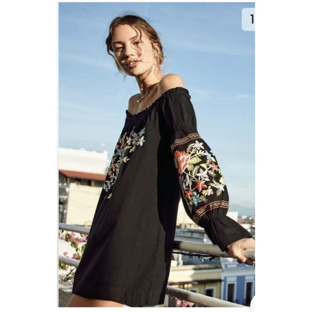 FREE PEOPLE FLEUR DU JOUR OFF-THE-SHOULDER EMBROIDERY DRESS BLACK Sz XS